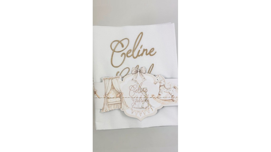 Trusou botez Nude Teddy Bear Toile de Jouy bej crem cu accente light pink și pattern floral vintage 13